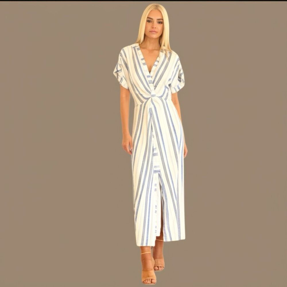 Club Monaco Knot Front Button Front Short Sleeve Blue & White Striped Maxi Dres